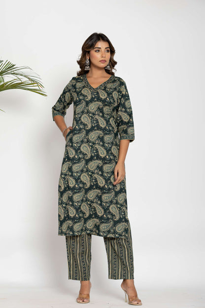 Green Paisley Printed Cotton Suit Set with Dupatta