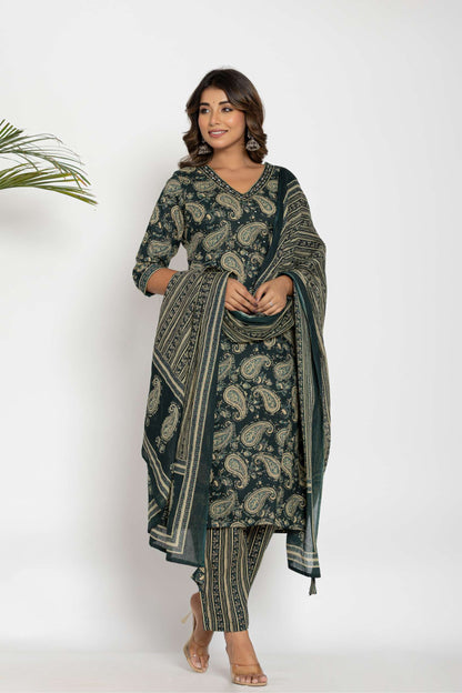 Green Paisley Printed Cotton Suit Set with Dupatta
