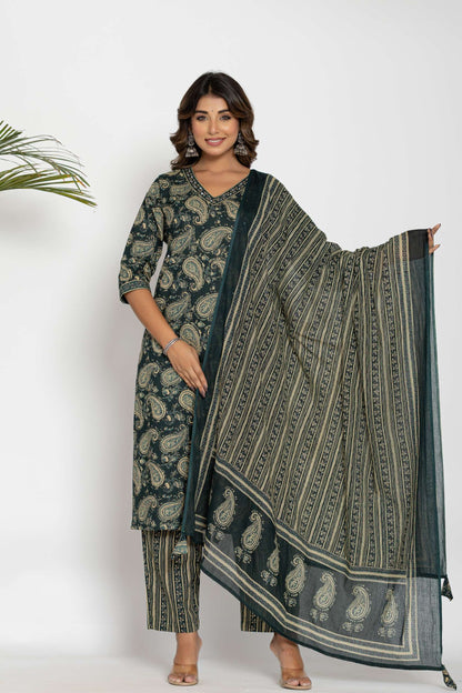Green Paisley Printed Cotton Suit Set with Dupatta