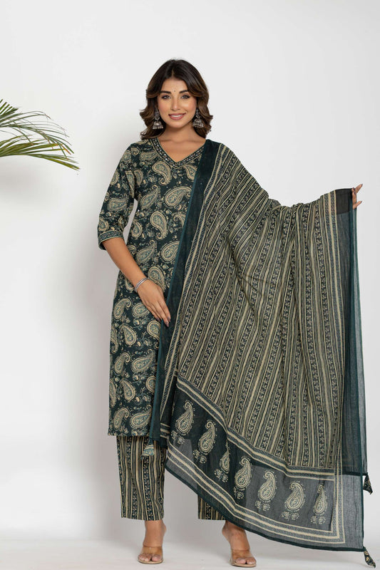 Green Paisley Printed Cotton Suit Set with Dupatta