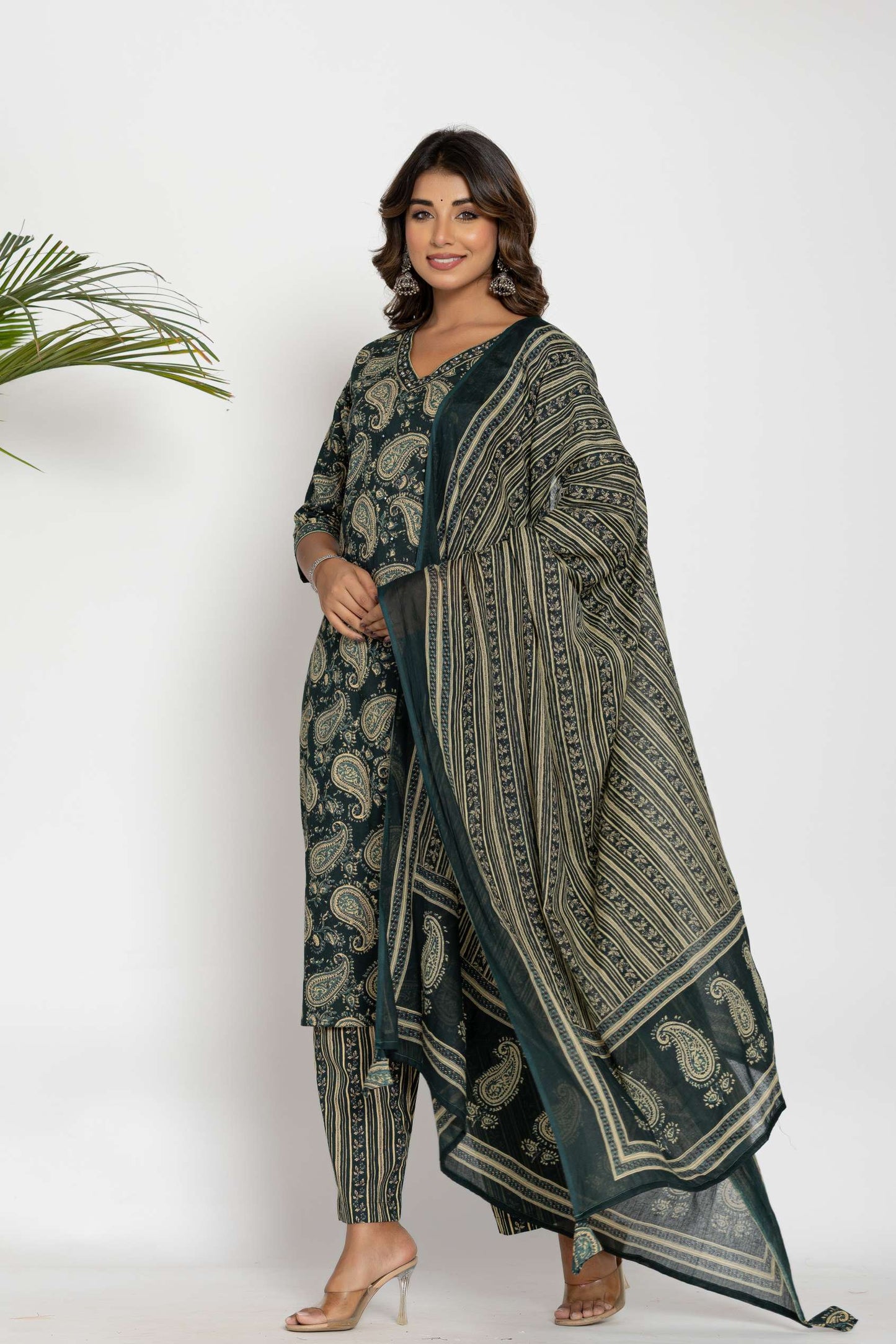 Green Paisley Printed Cotton Suit Set with Dupatta