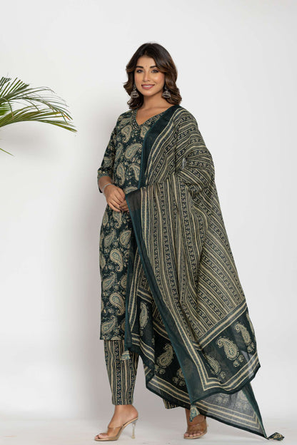 Green Paisley Printed Cotton Suit Set with Dupatta