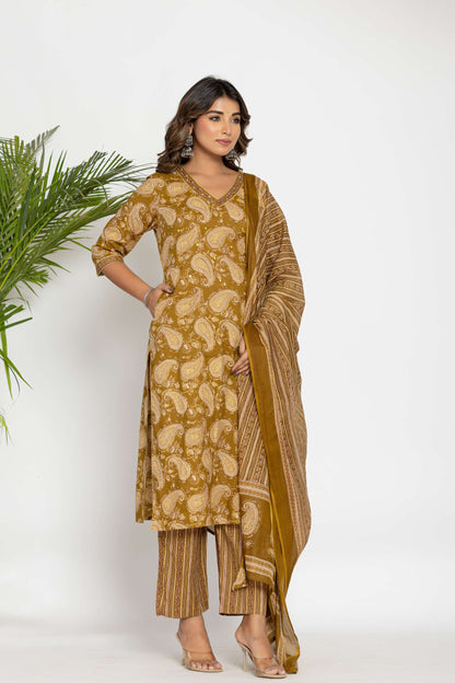 Mustard Paisley Printed Cotton Suit Set with Dupatta