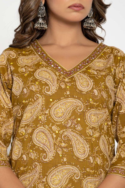 Mustard Paisley Printed Cotton Suit Set with Dupatta