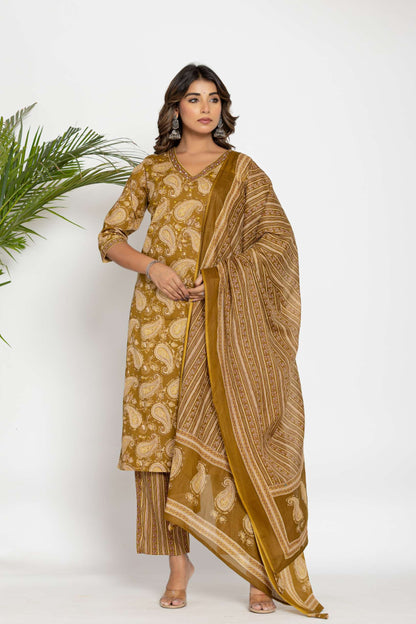 Mustard Paisley Printed Cotton Suit Set with Dupatta