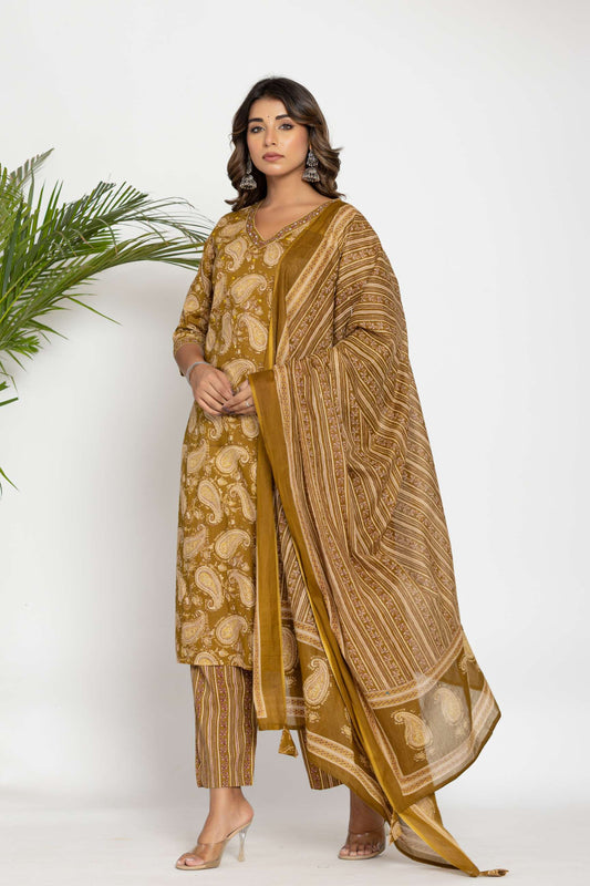 Mustard Paisley Printed Cotton Suit Set with Dupatta