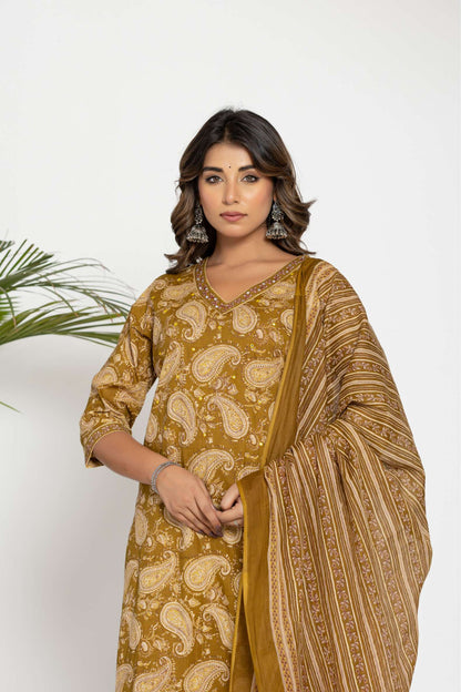 Mustard Paisley Printed Cotton Suit Set with Dupatta