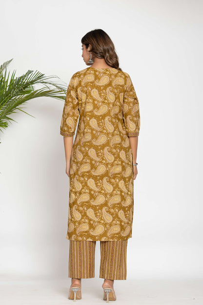 Mustard Paisley Printed Cotton Suit Set with Dupatta