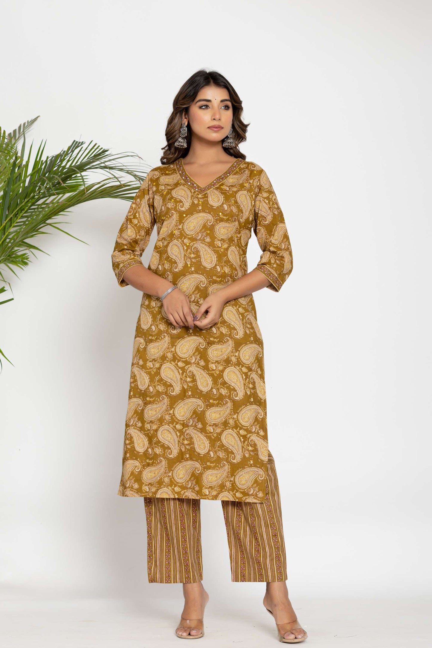 Mustard Paisley Printed Cotton Suit Set with Dupatta
