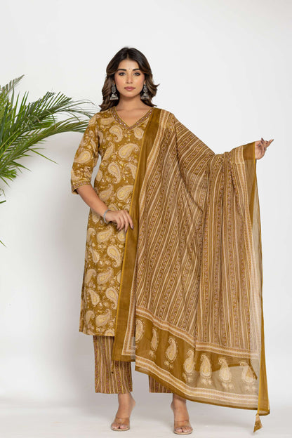 Mustard Paisley Printed Cotton Suit Set with Dupatta