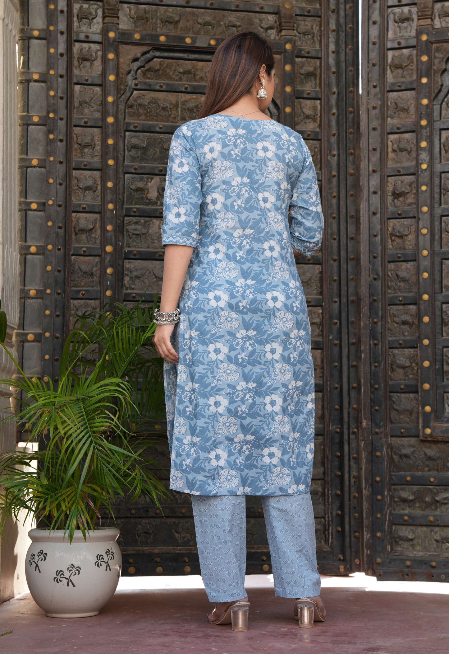Elegant Sky Blue Printed Cotton Suit Set with Dupatta