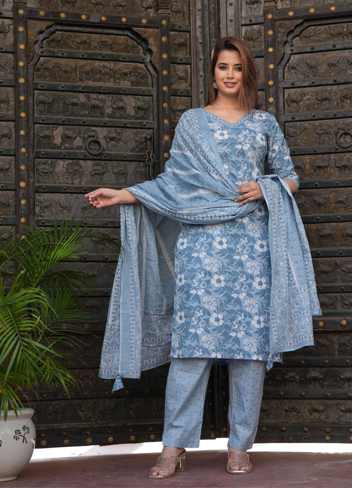 Elegant Sky Blue Printed Cotton Suit Set with Dupatta