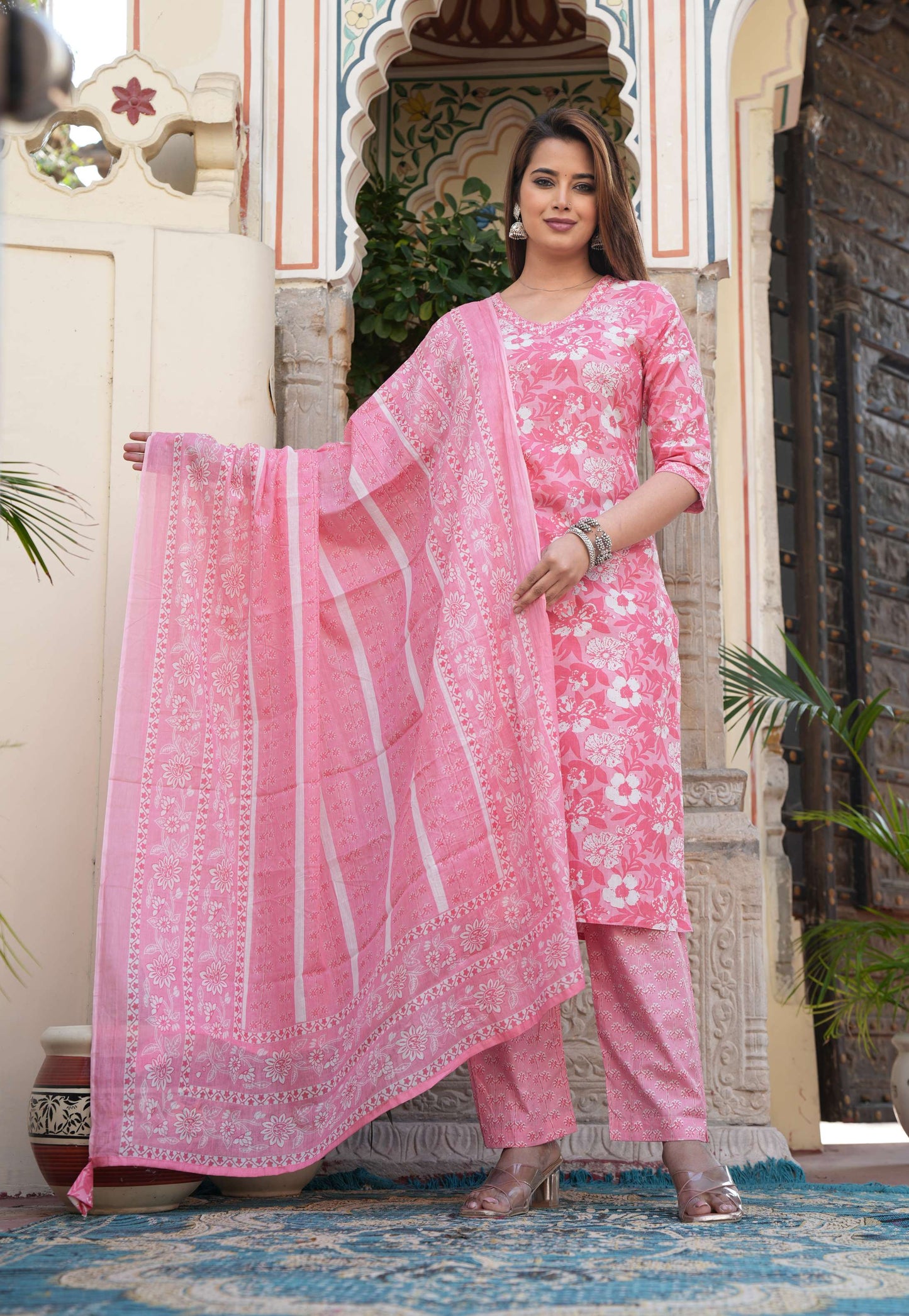 Elegant Pink Printed Cotton Suit Set with Dupatta