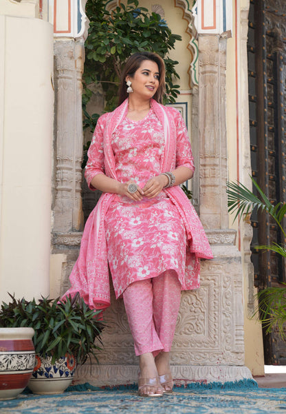 Elegant Pink Printed Cotton Suit Set with Dupatta