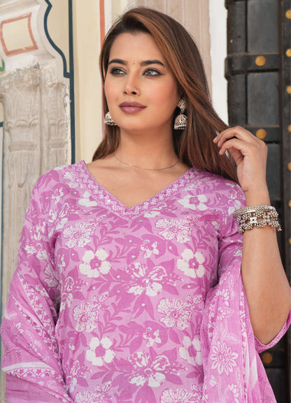 Elegant Purple Printed Cotton Suit Set with Dupatta