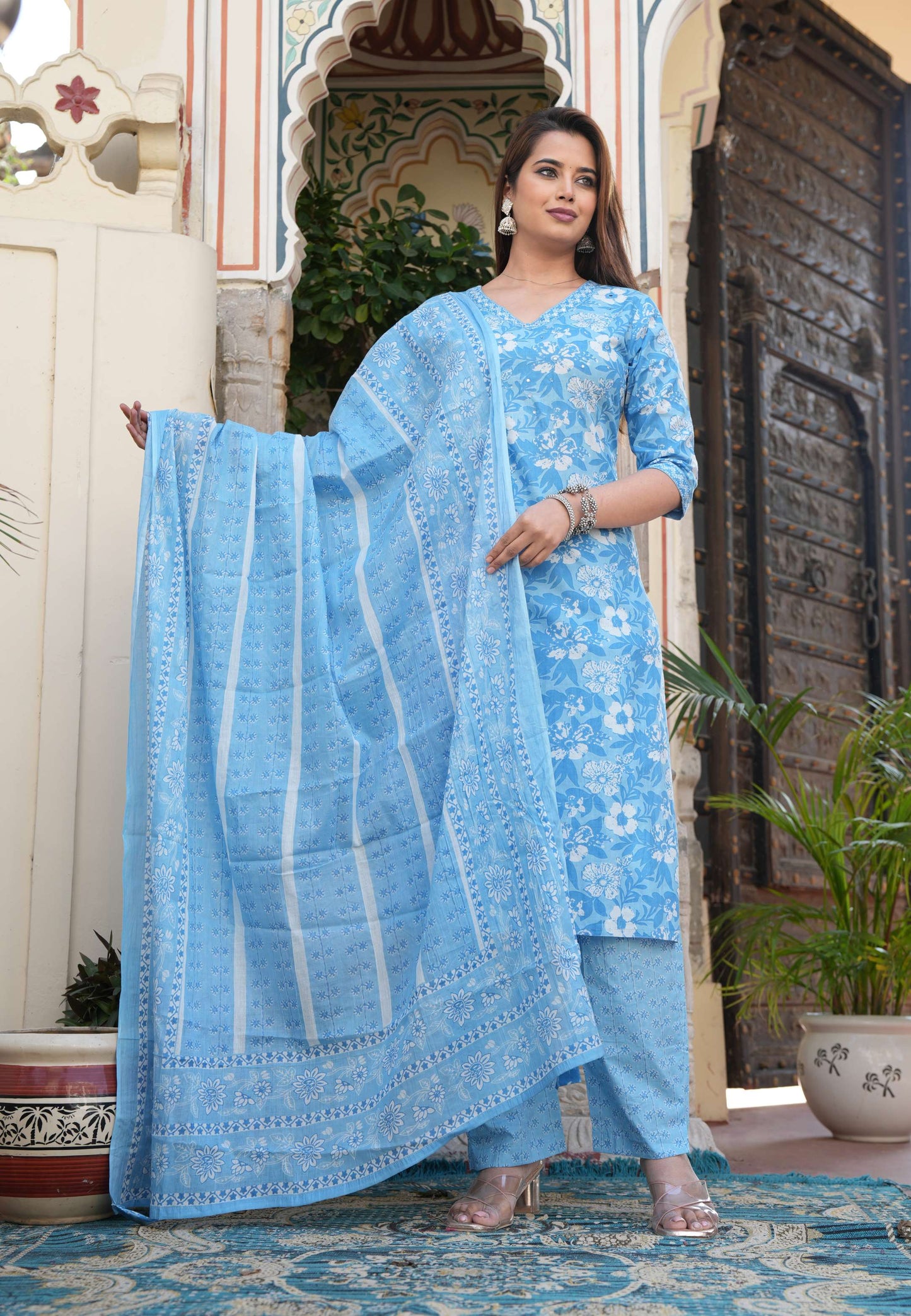 Elegant Sky Blue Printed Cotton Suit Set with Dupatta