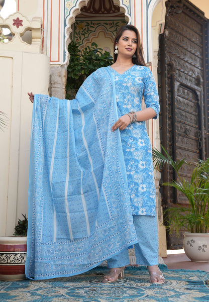 Elegant Sky Blue Printed Cotton Suit Set with Dupatta