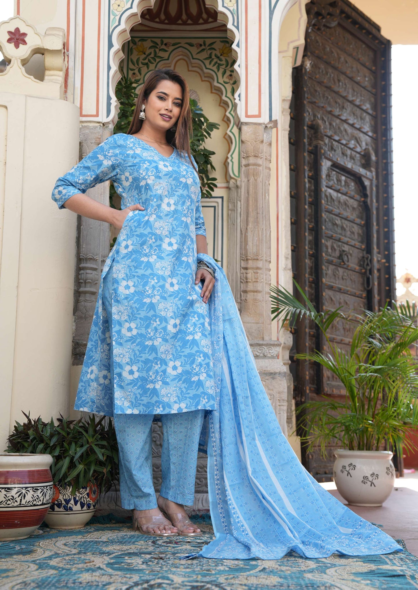 Elegant Sky Blue Printed Cotton Suit Set with Dupatta