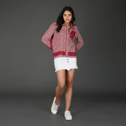 Red Cotton Check Shirt with Schiffli Embroidery and Hood