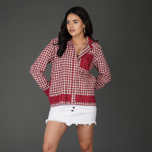 Red Cotton Check Shirt with Schiffli Embroidery and Hood