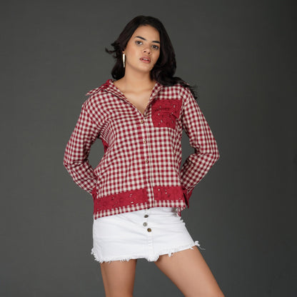 Red Cotton Check Shirt with Schiffli Embroidery and Hood
