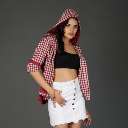 Red Cotton Check Shirt with Schiffli Embroidery and Hood