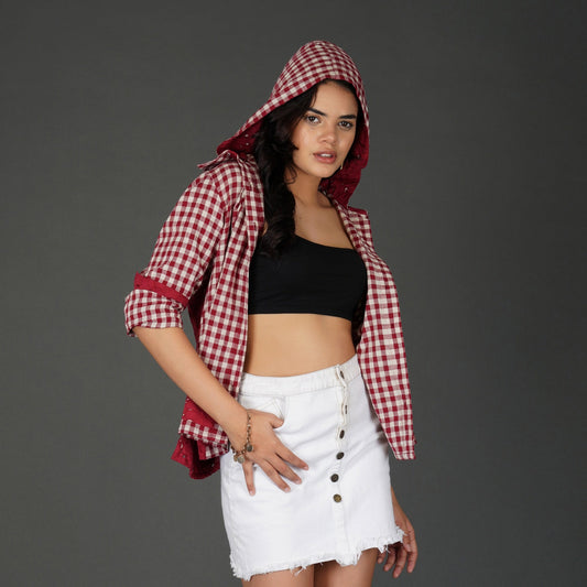 Red Cotton Check Shirt with Schiffli Embroidery and Hood