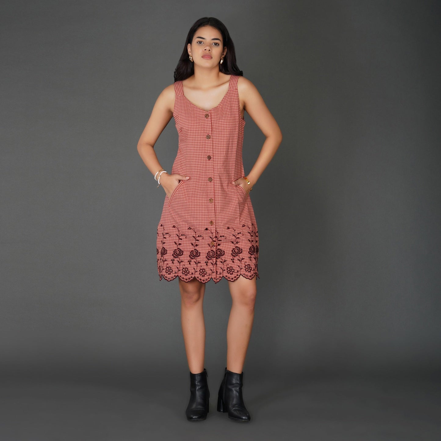 Rust Check Sleeveless Cotton Dress with Floral Embroidered Hem