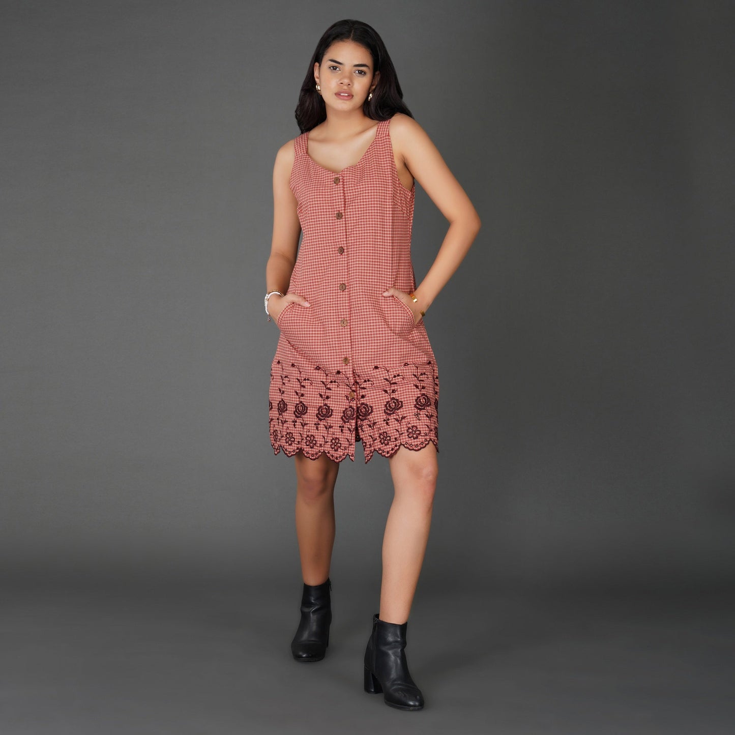 Rust Check Sleeveless Cotton Dress with Floral Embroidered Hem