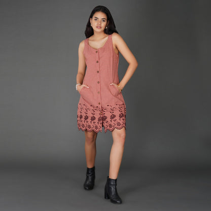 Rust Check Sleeveless Cotton Dress with Floral Embroidered Hem