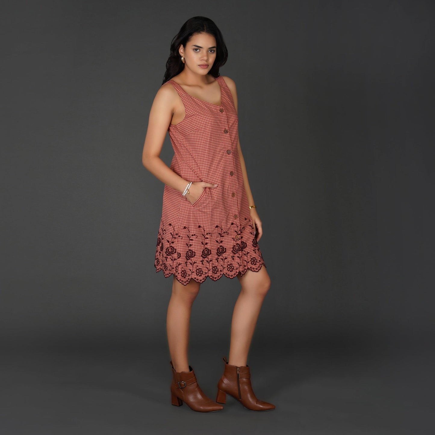 Rust Check Sleeveless Cotton Dress with Floral Embroidered Hem