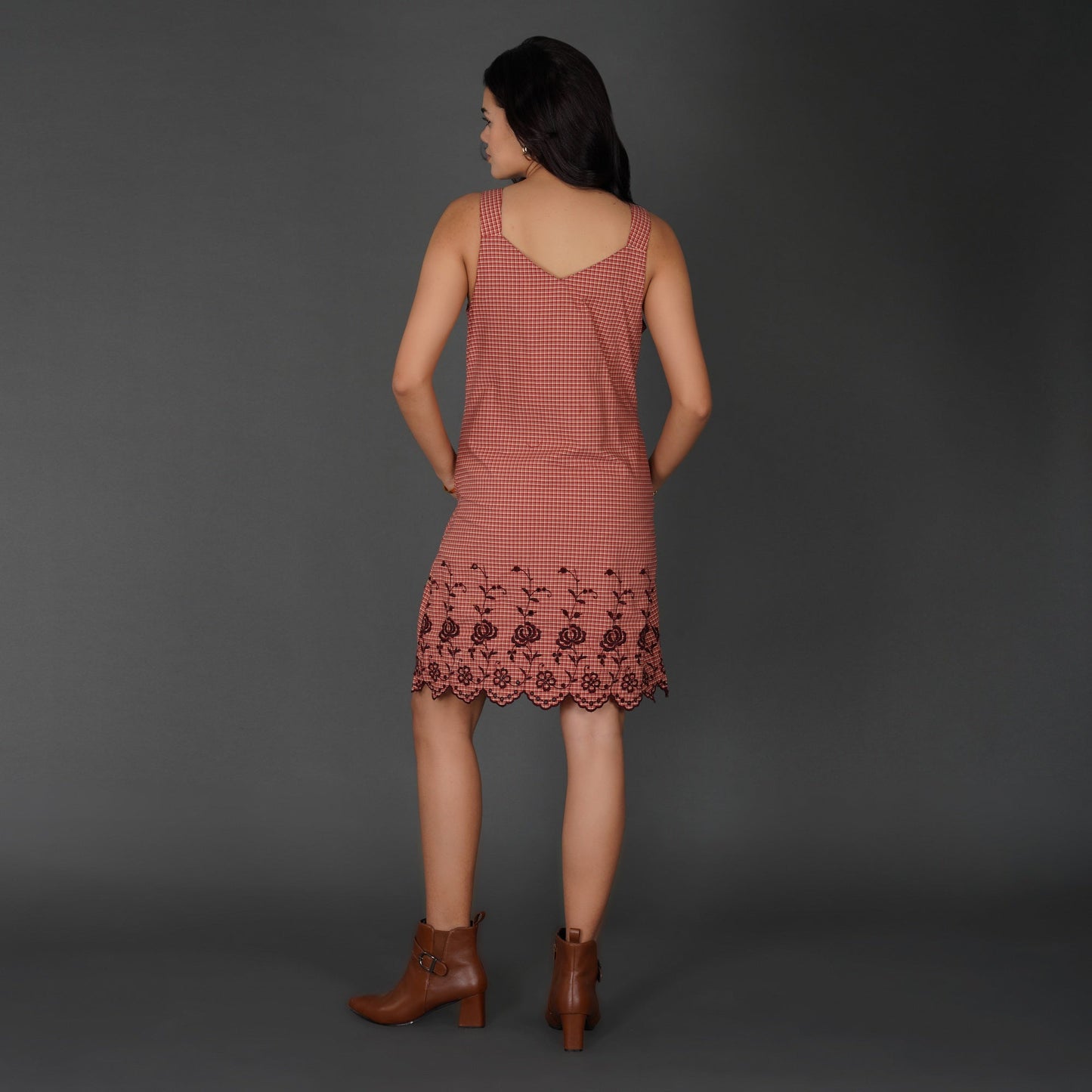 Rust Check Sleeveless Cotton Dress with Floral Embroidered Hem