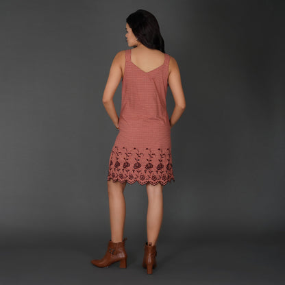 Rust Check Sleeveless Cotton Dress with Floral Embroidered Hem