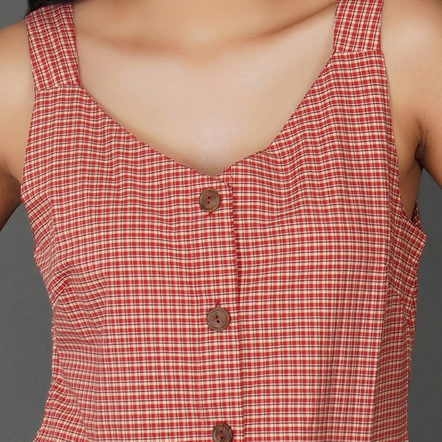 Rust Check Sleeveless Cotton Dress with Floral Embroidered Hem