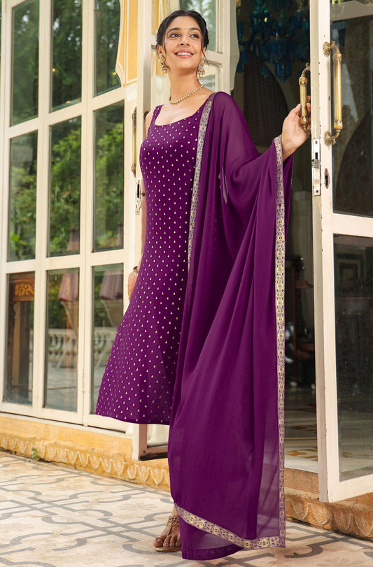 Plum Purple Embellished Straight Suit Set with Dupatta – 3 Piece Kurti