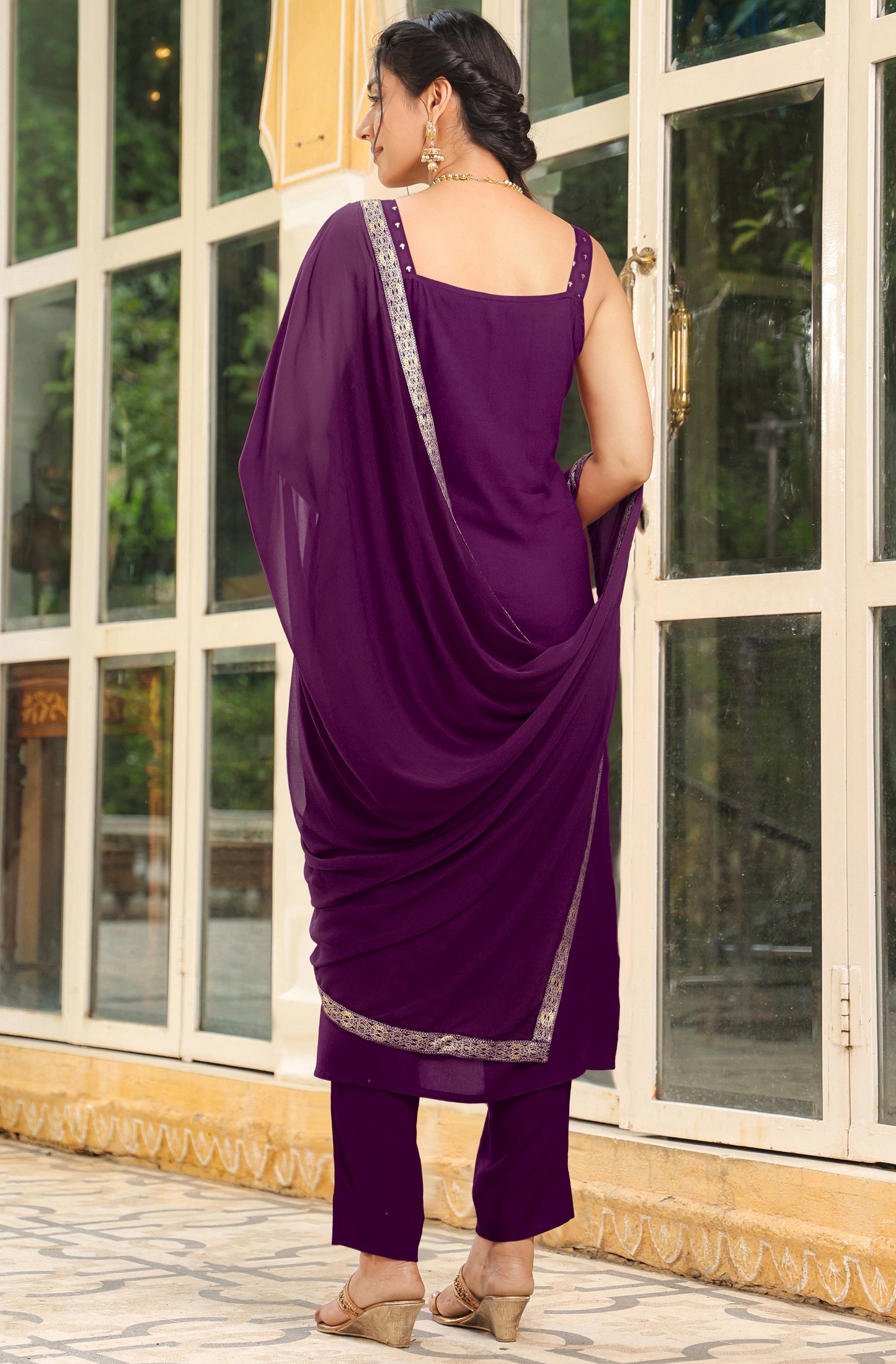 Plum Purple Embellished Straight Suit Set with Dupatta – 3 Piece Kurti