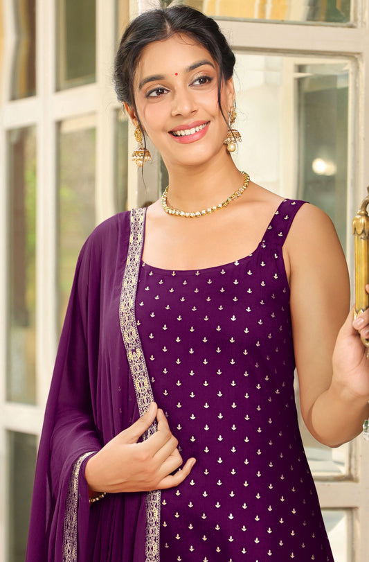 Plum Purple Embellished Straight Suit Set with Dupatta – 3 Piece Kurti
