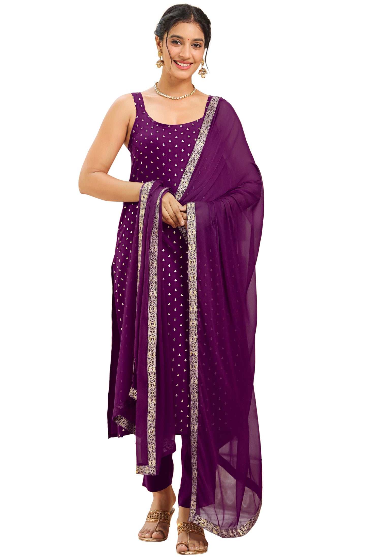 Plum Purple Embellished Straight Suit Set with Dupatta – 3 Piece Kurti