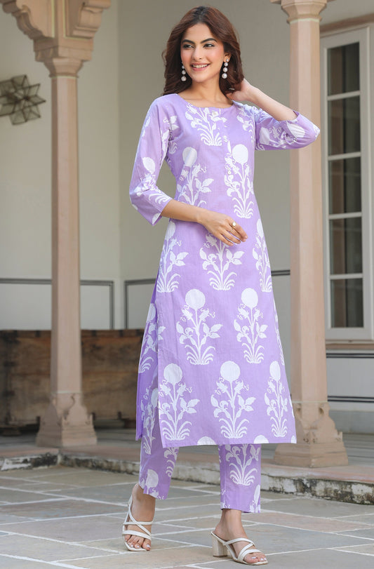 Lavender & White Floral Print Cotton Kurta Set for Women – 2 Piece Cotton Ethnic Wear