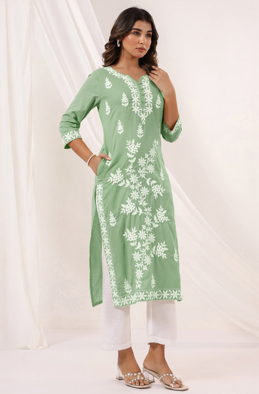 Pastel Green Floral Embroidered Cotton Kurti