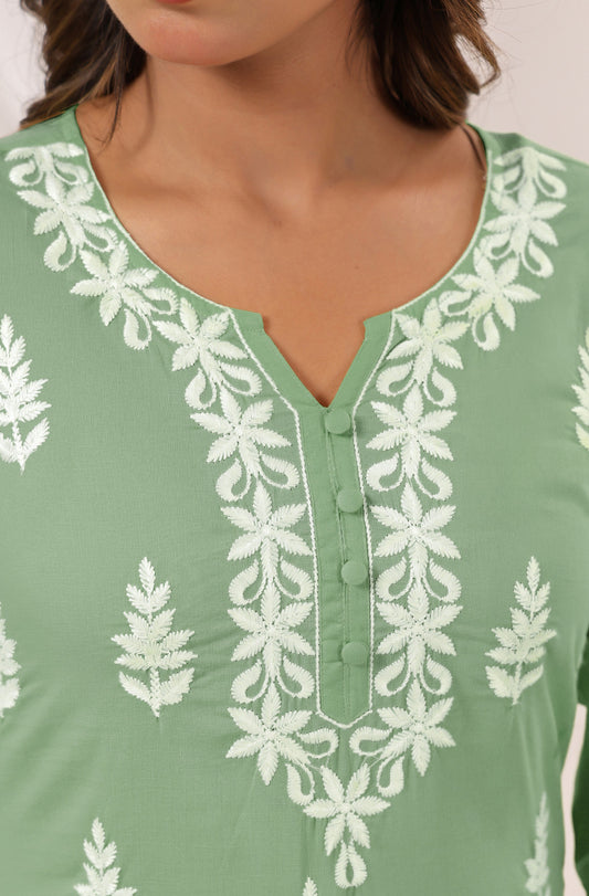 Pastel Green Floral Embroidered Cotton Kurti