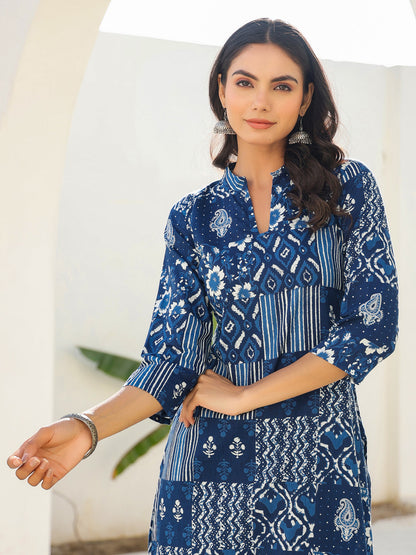Indigo Blue Patch Print Kurta Set for Women – 2 Piece Cotton Ethnic Wear