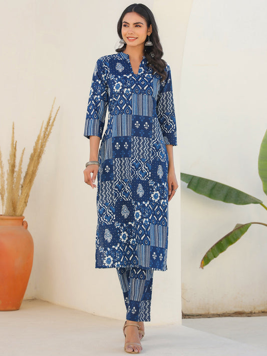 Indigo Blue Patch Print Kurta Set for Women – 2 Piece Cotton Ethnic Wear