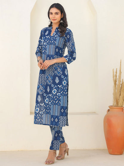 Indigo Blue Patch Print Kurta Set for Women – 2 Piece Cotton Ethnic Wear