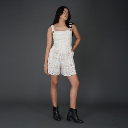 Scalloped Schiffli Cotton Jumpsuit with Button Details
