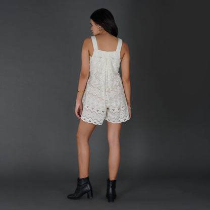 Scalloped Schiffli Cotton Jumpsuit with Button Details