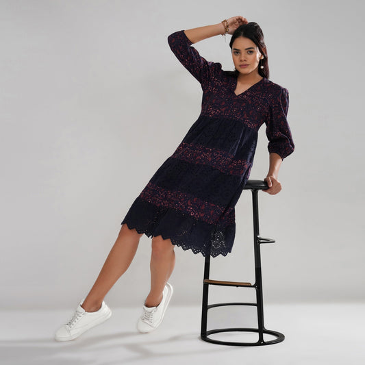 Schiffli Embroidered and Printed Rayon Tiered Midi Dress