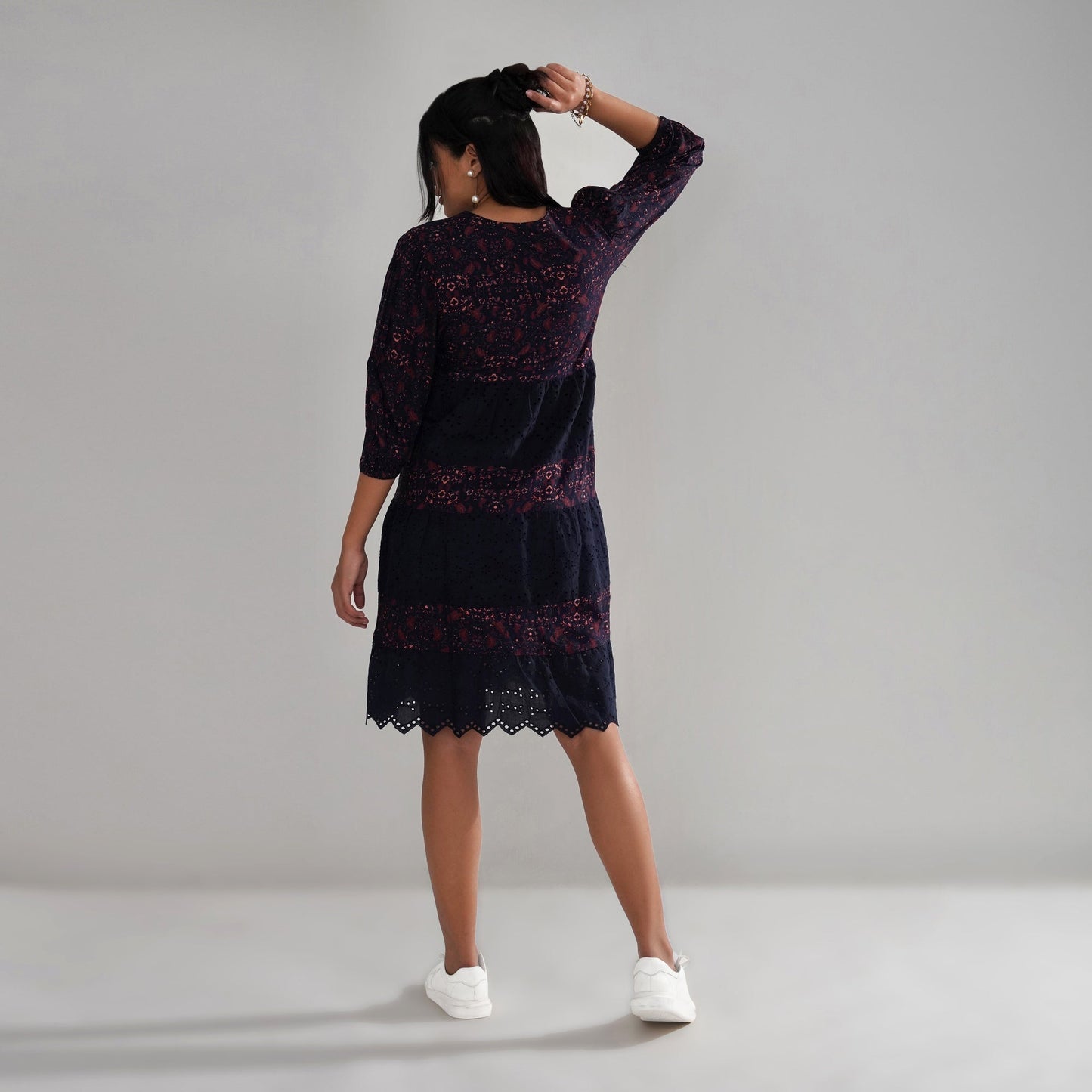 Schiffli Embroidered and Printed Rayon Tiered Midi Dress