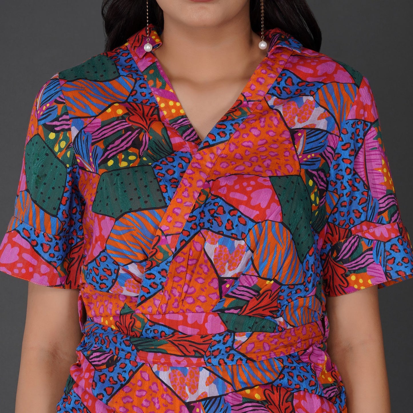 Vibrant Abstract Dress with Gathered Slim Fit Details