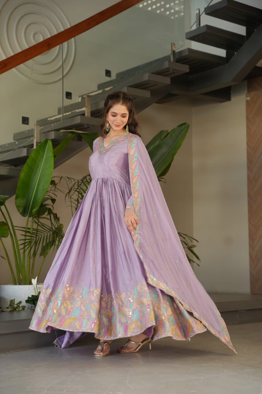 💗  Chinnon Fabric gown with Sequins & Multi Thread  Embroidered Work, It looks graceful for women, it Designed to flatter all body types, gowns for women combine the best parts of western and Indian wear into one stunning ensemble. 💝